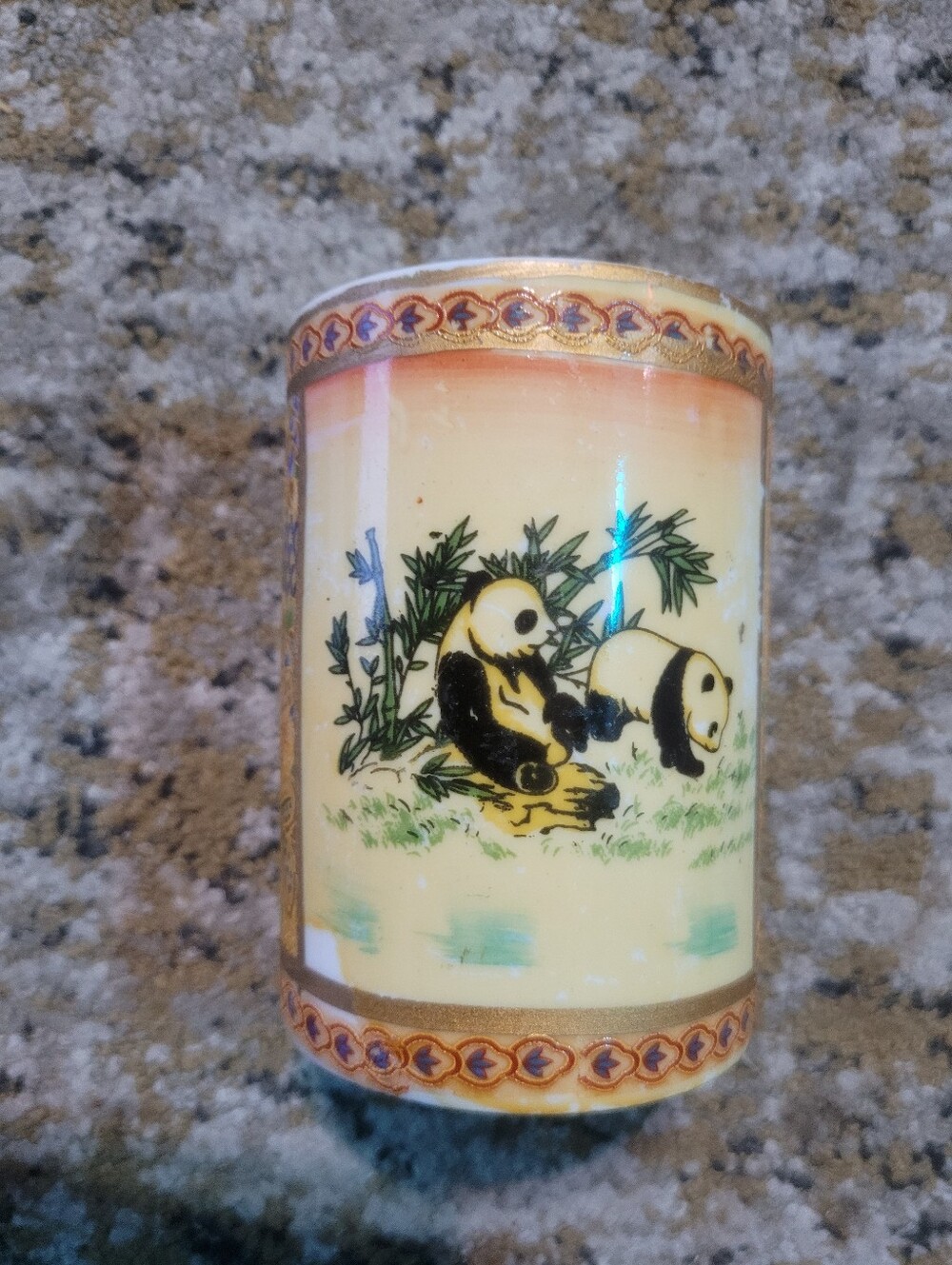 Vintage Chinese Porcelain Panda & Bamboo Cylinder Vase Toothpick Holder, Satsuma